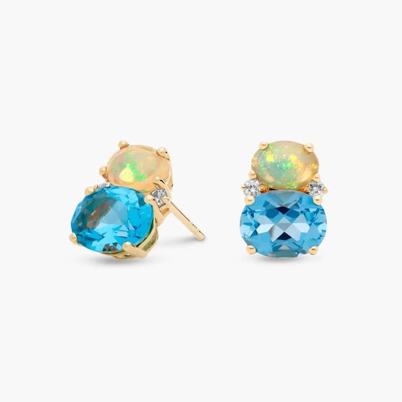 Opal and Swiss Blue Topaz Stud Earrings in 14k Yellow Gold