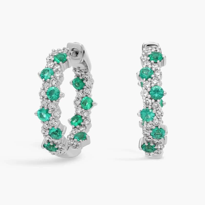 Staggered Emerald and Diamond Hoop Earrings in 14k White Gold