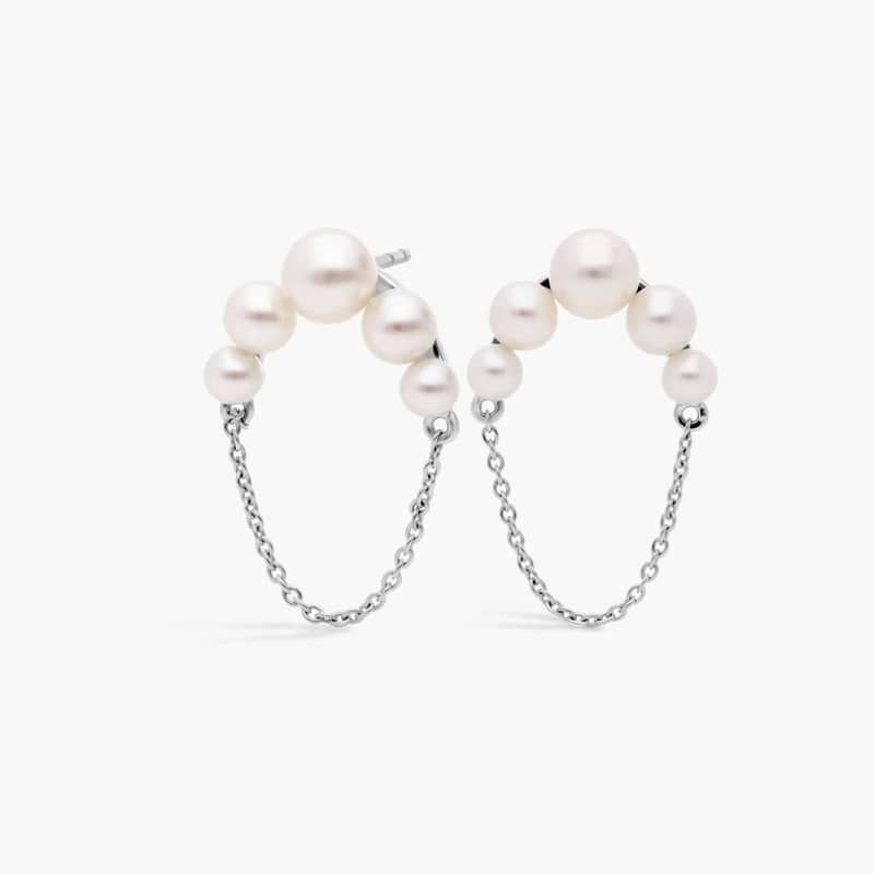 Graduated Freshwater Pearl Stud Earring with Half-Circle Chain in Sterling Silver
