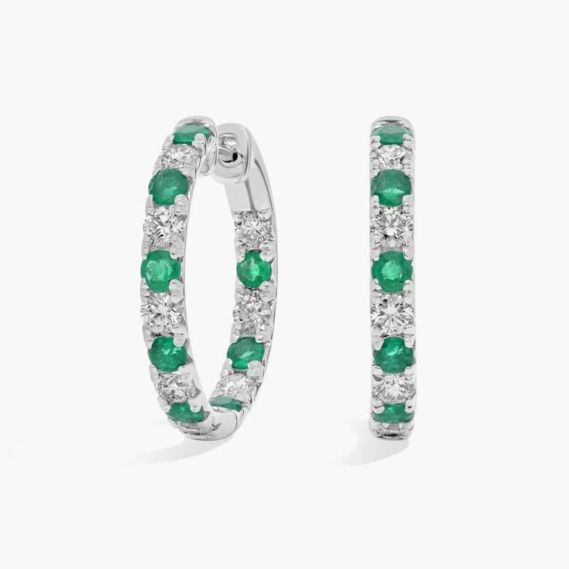 Alternating Emerald and Diamond French Pavé Hoop Earrings in 14k White Gold