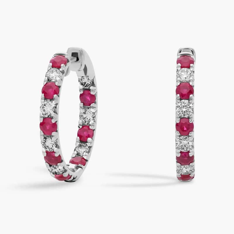 Alternating Ruby and Diamond French Pave Hoop Earrings in 14k White Gold