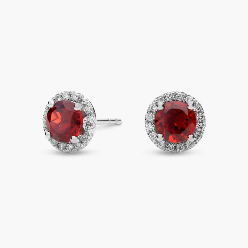 Garnet and Micropavé Diamond Stud Earrings in 18k White Gold (5mm)