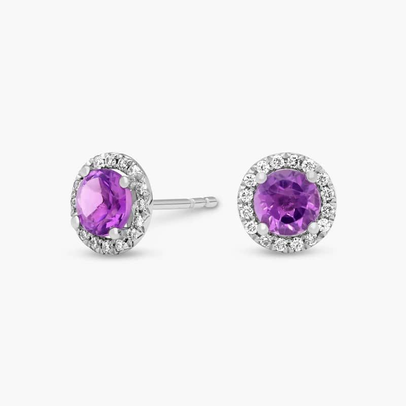 Amethyst and Micropavé Diamond Stud Earrings in 18k White Gold (5mm)