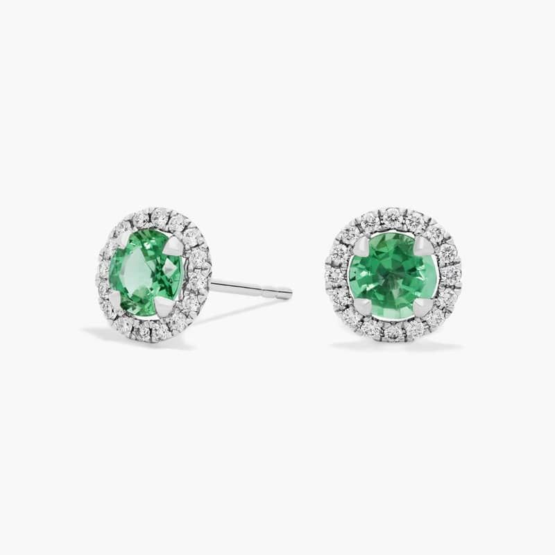 Emerald and Micropavé Diamond Halo Stud Earrings in 18k White Gold (5mm)