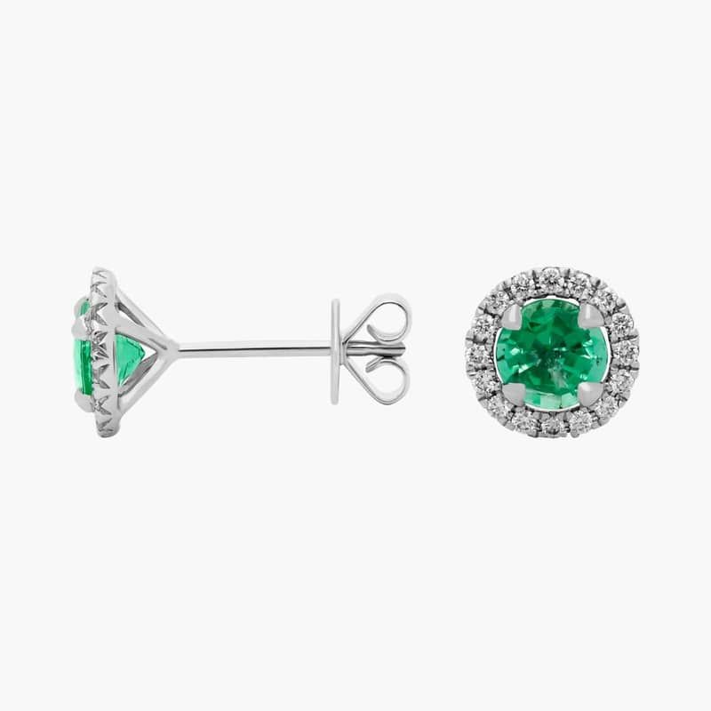 Emerald and Micropavé Diamond Halo Stud Earrings in 18k White Gold (5mm)