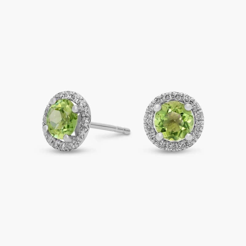 Peridot and Micropave Diamond Halo Earrings in 14k White Gold