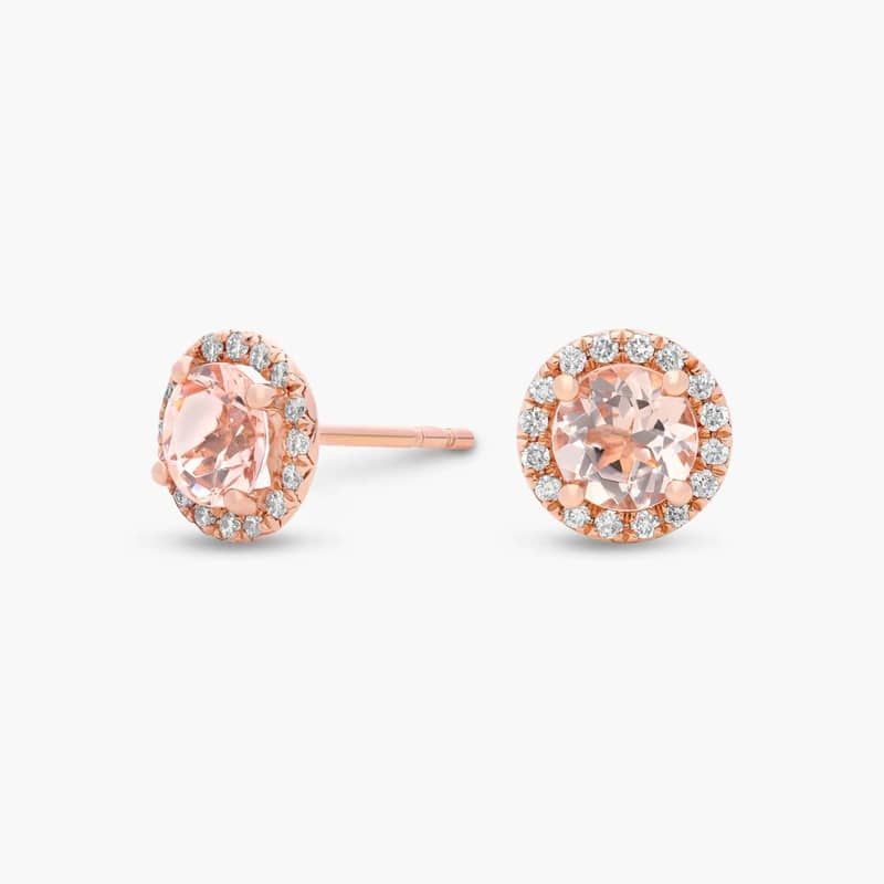 Morganite and Micropave Diamond Halo Earrings in 14k Rose Gold