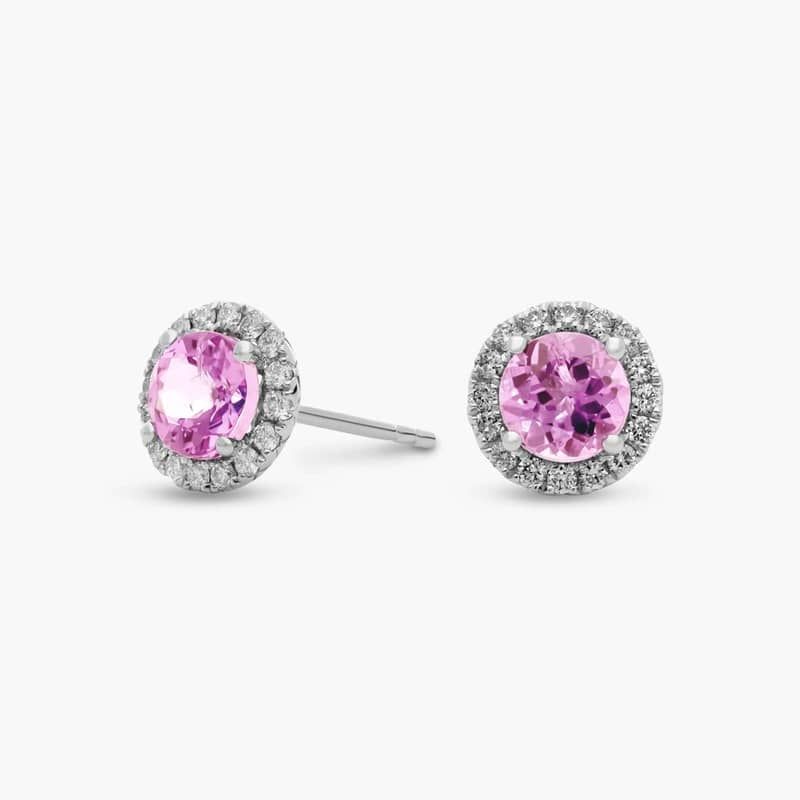 Pink Sapphire and Micropavé Diamond Stud Earrings in 18k White Gold (5mm)