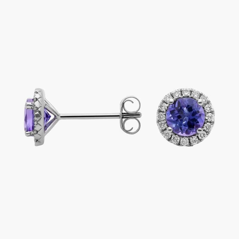 Tanzanite and Micropavé Diamond Stud Earrings in 14k White Gold (5mm)