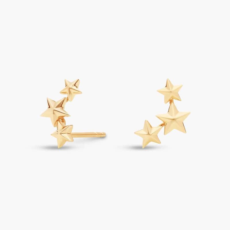 Three Star Ear Climber Stud Earrings in 14k Yellow Gold