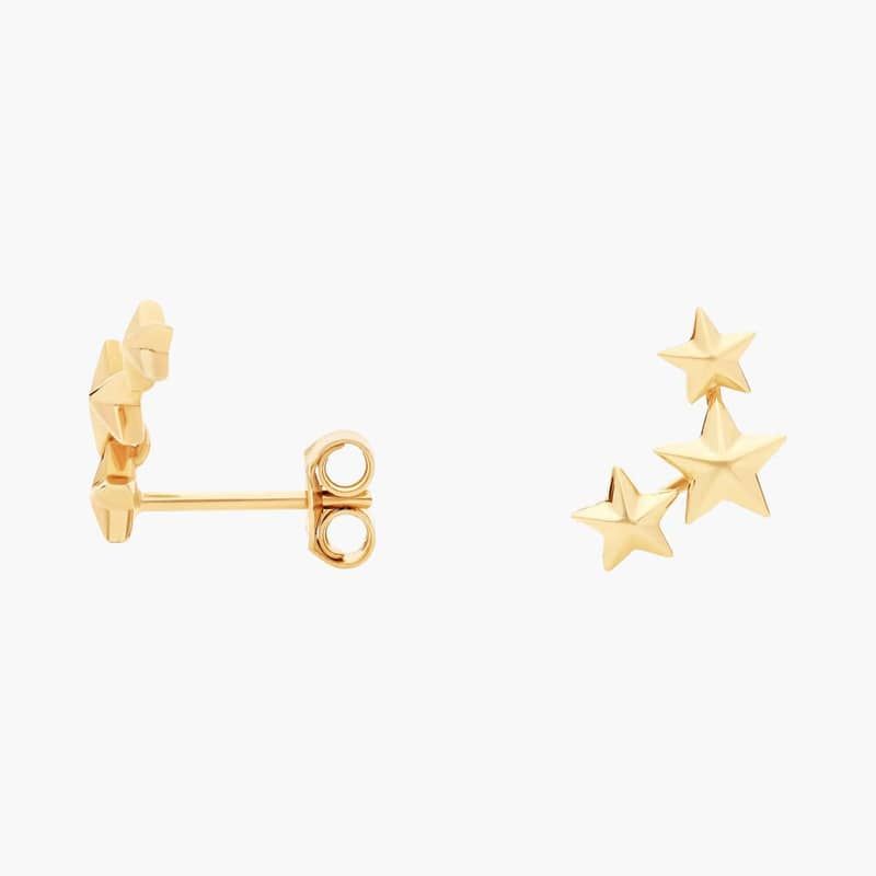 Three Star Ear Climber Stud Earrings in 14k Yellow Gold