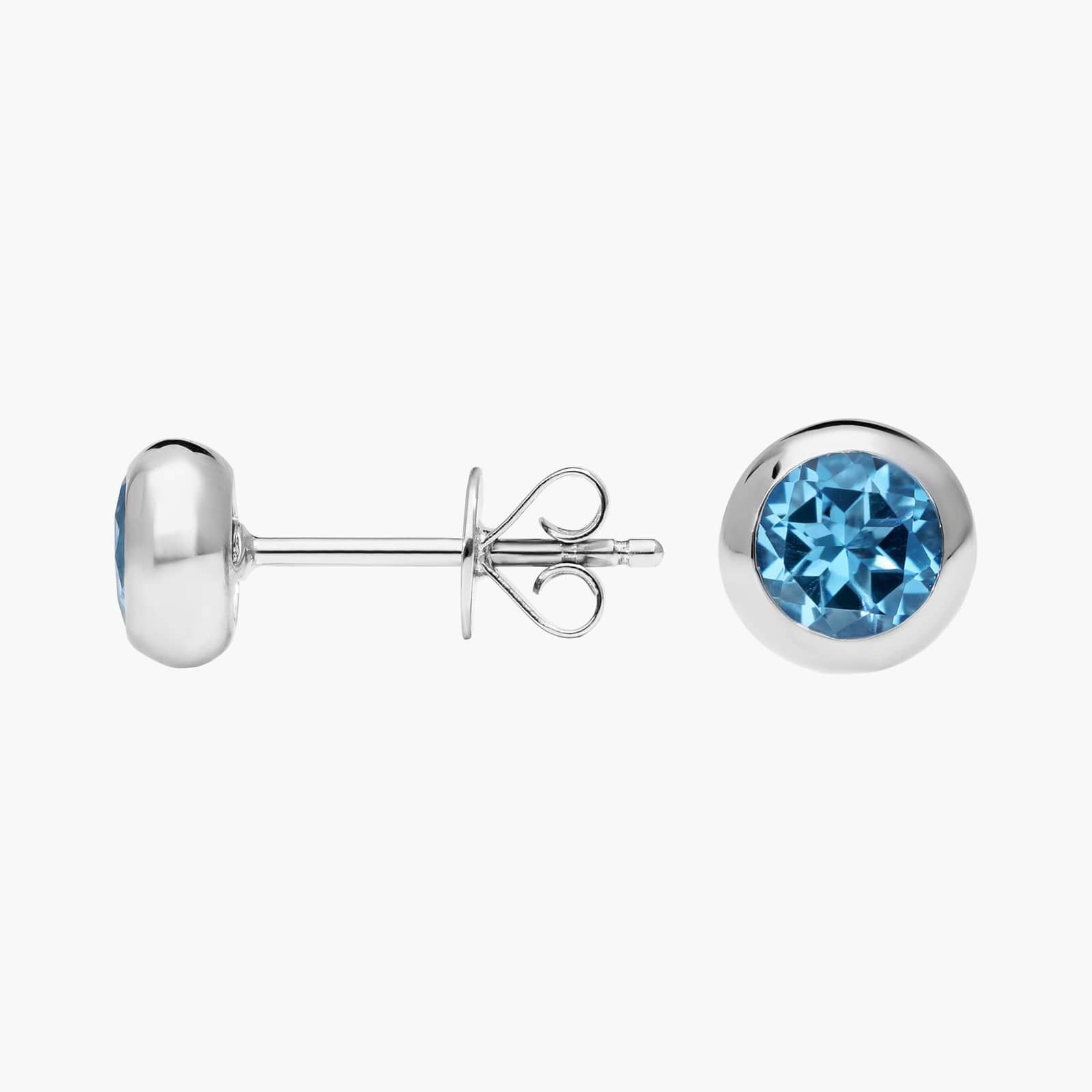 Bezel Set Blue Topaz Earrings in 14k White Gold