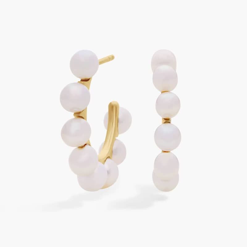 White Freshwater Pearl Hoop Earrings in 14k Yellow Gold