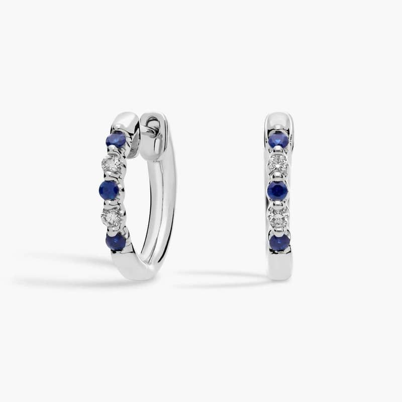 Floating Sapphire and Diamond Hoop Earrings in 14k White Gold