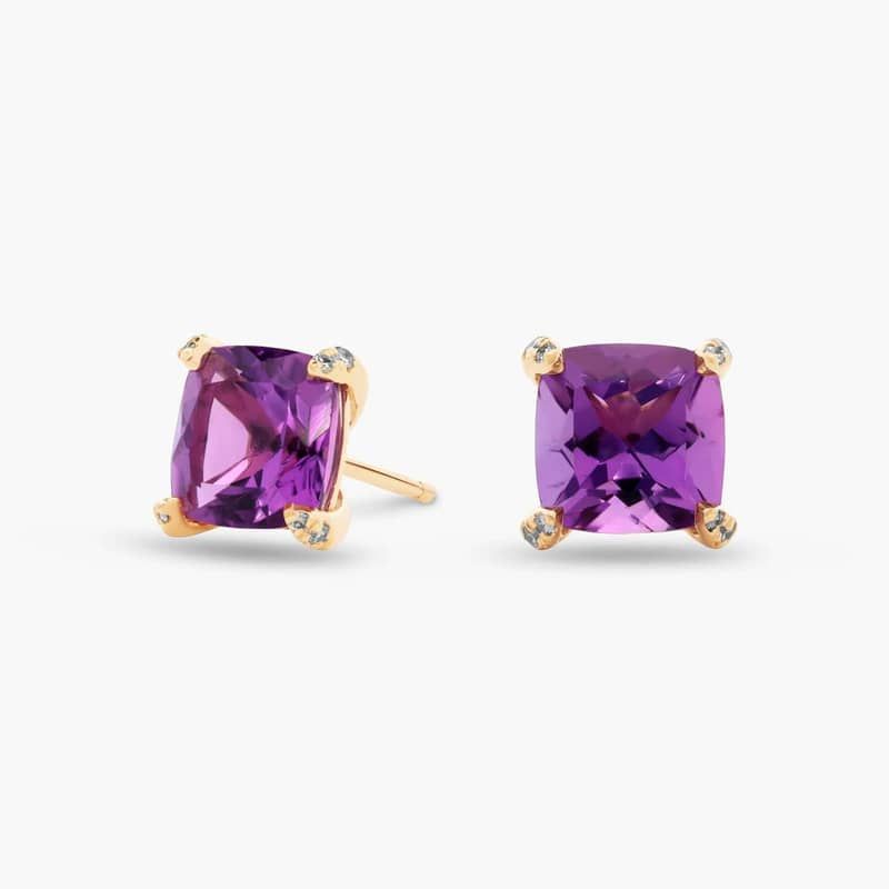 Cushion Cut Amethyst and Diamond Accent Earrings in 14k Yellow Gold (7mm)