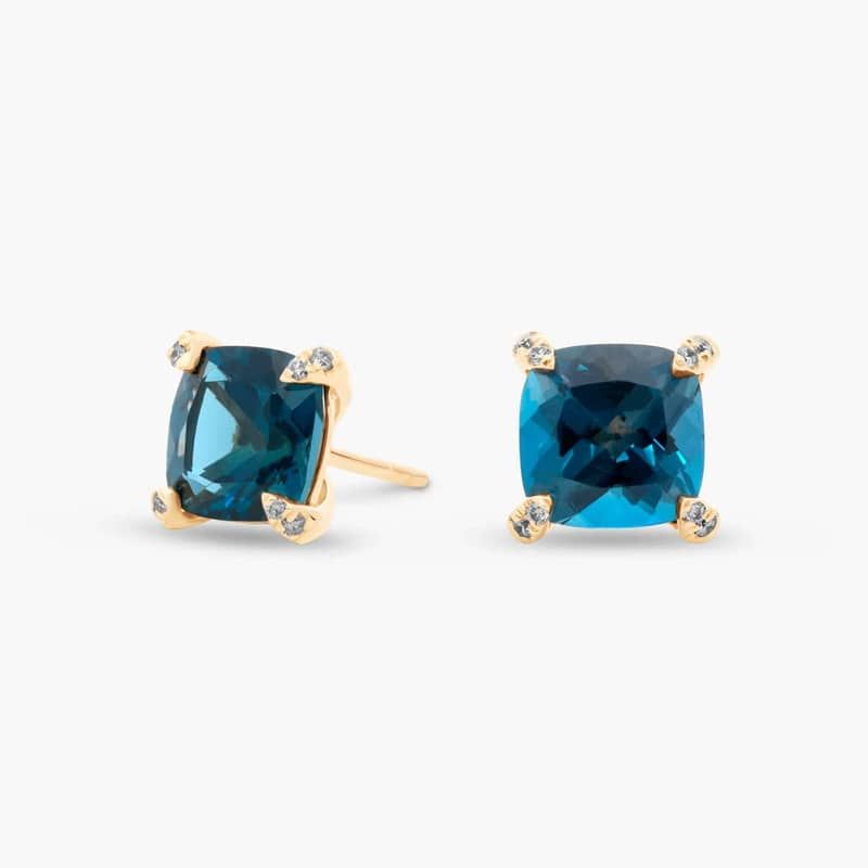Cushion Cut Blue Topaz and Diamond Accent Earrings in 14k Yellow Gold (7mm)