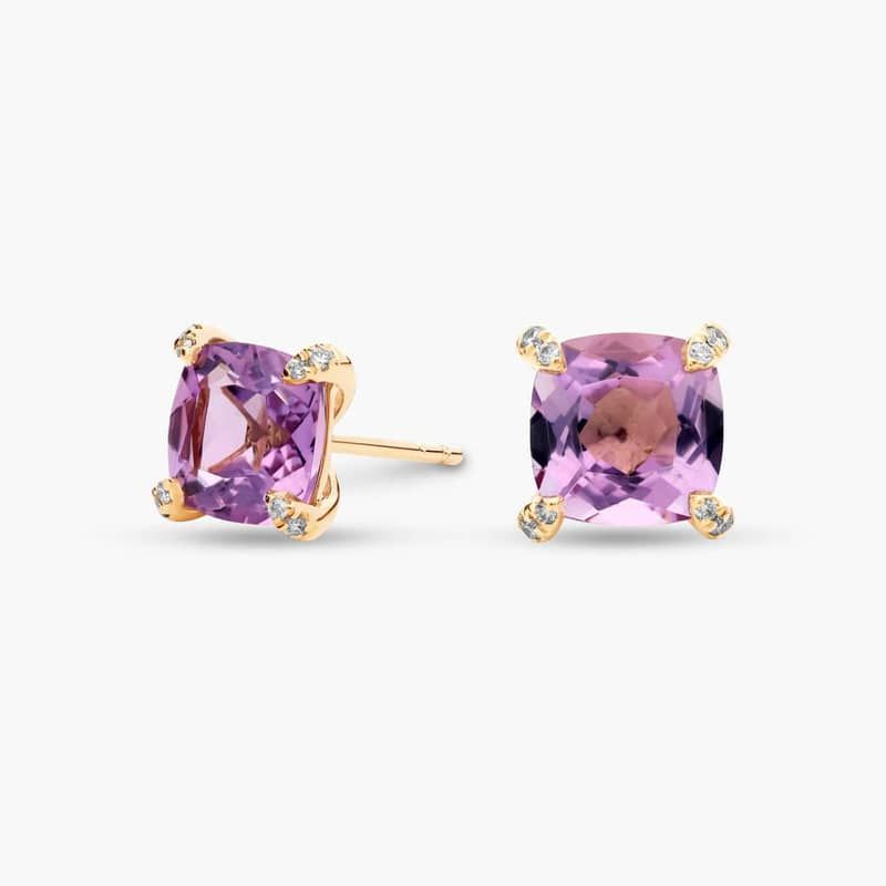 Cushion Cut Rose de France and Diamond Accent Earrings in 14k Yellow Gold (7mm)