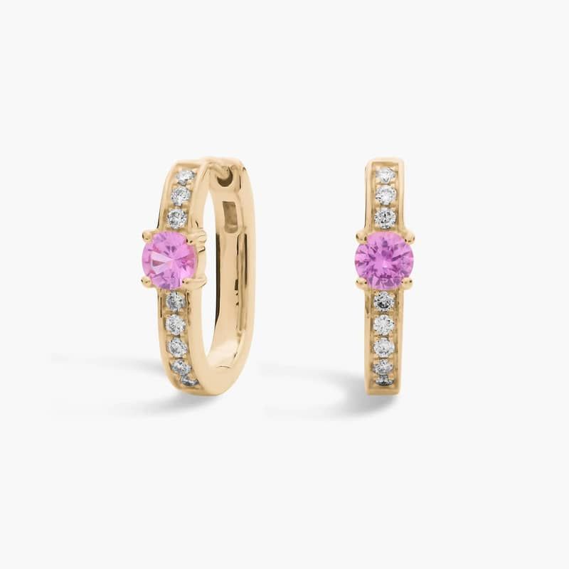 Front Facing Pink Sapphire and Diamond Hoop Earrings in 14k Yellow Gold