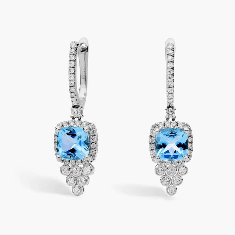 Cushion Cut Swiss Blue Topaz and Diamond Drop Earrings in 14k White Gold
