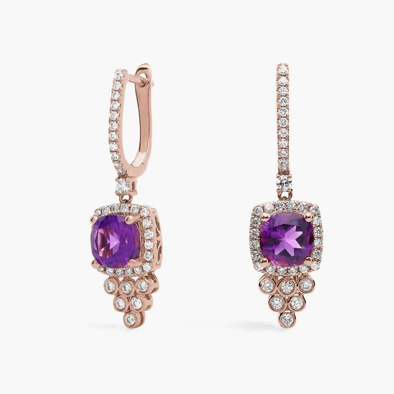 Cushion Cut Amethyst and Diamond Drop Earrings in 14k Rose Gold