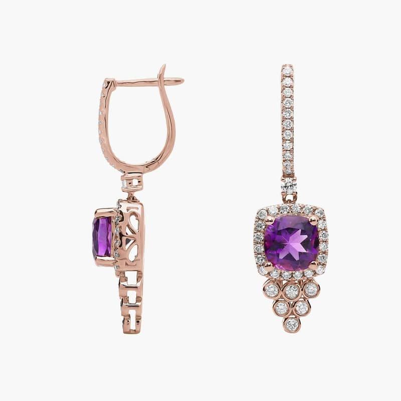 Cushion Cut Amethyst and Diamond Drop Earrings in 14k Rose Gold