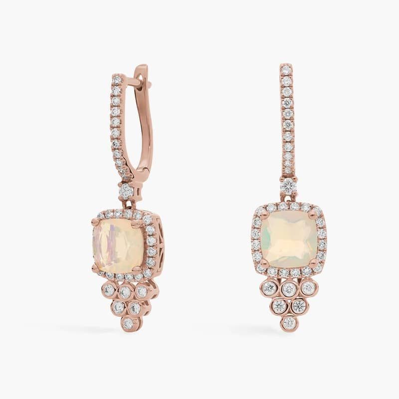 Cushion Cut Opal and Diamond Drop Earrings in 14k Rose Gold
