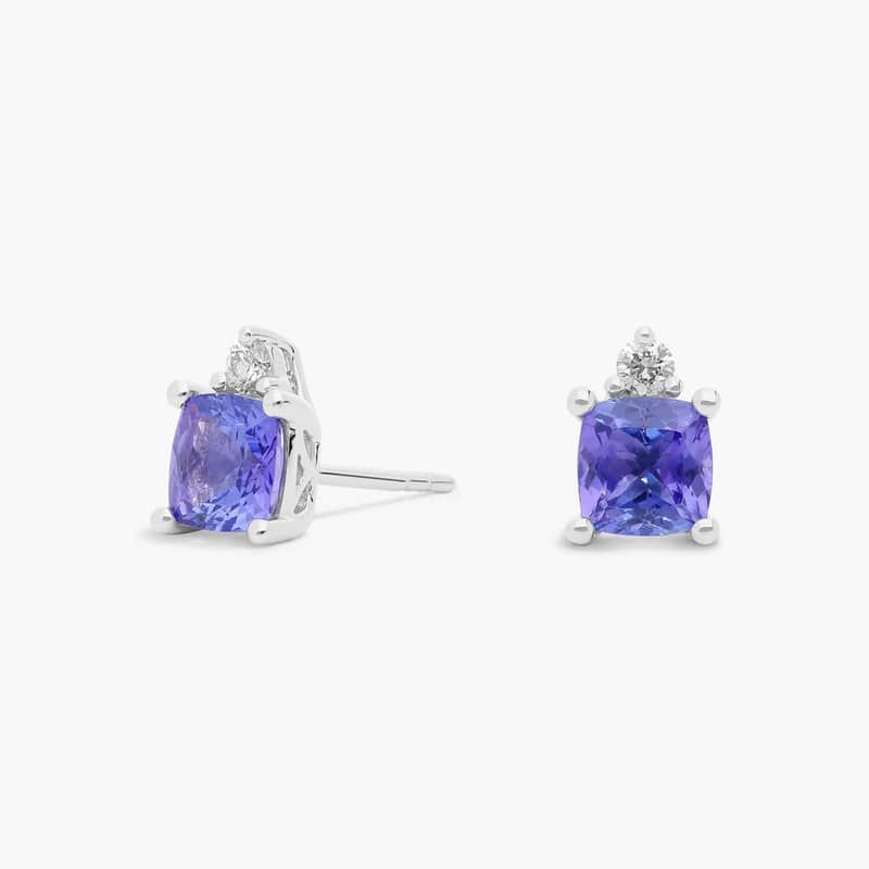 Cushion Cut Tanzanite and Diamond Earrings in 14k White Gold (5 mm)