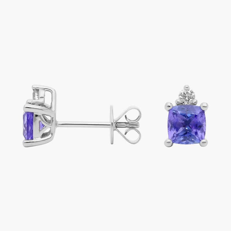 Cushion Cut Tanzanite and Diamond Earrings in 14k White Gold (5 mm)