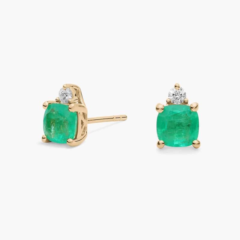 Cushion Cut Emerald and Diamond Earrings in 14k Yellow Gold (5mm)