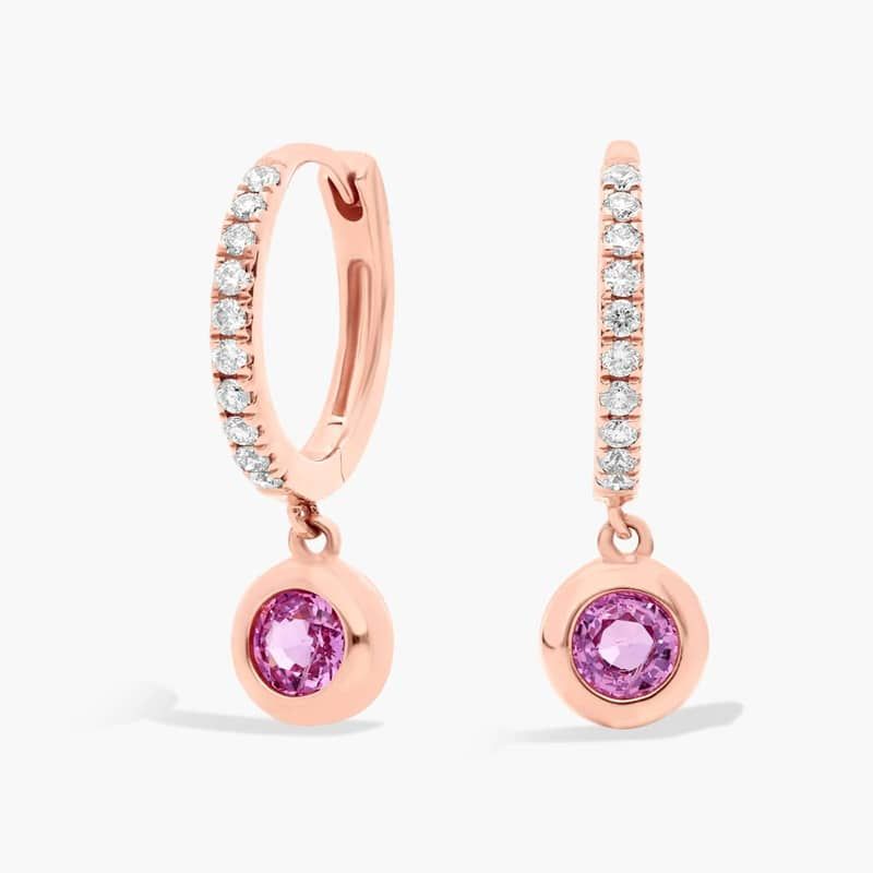 Diamond Huggies with Bezel Set Pink Sapphire Drop Earrings in 14k Rose Gold