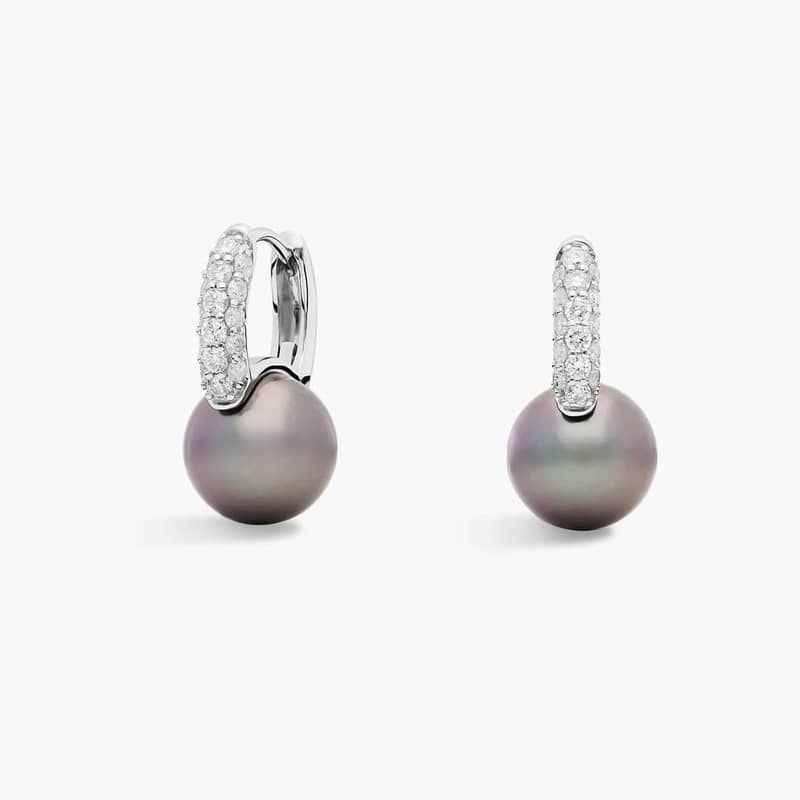 Tahitian Pearl and Diamond Huggie Earrings in 14k White Gold