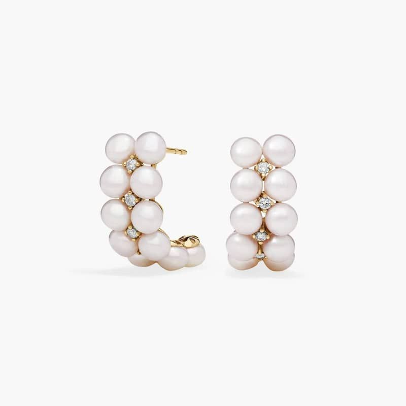 Double Row Pearl Hoop Earrings with Diamond Accents in 14k Yellow Gold