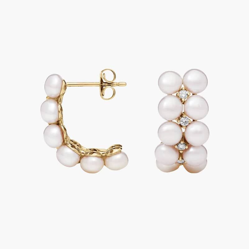 Double Row Pearl Hoop Earrings with Diamond Accents in 14k Yellow Gold