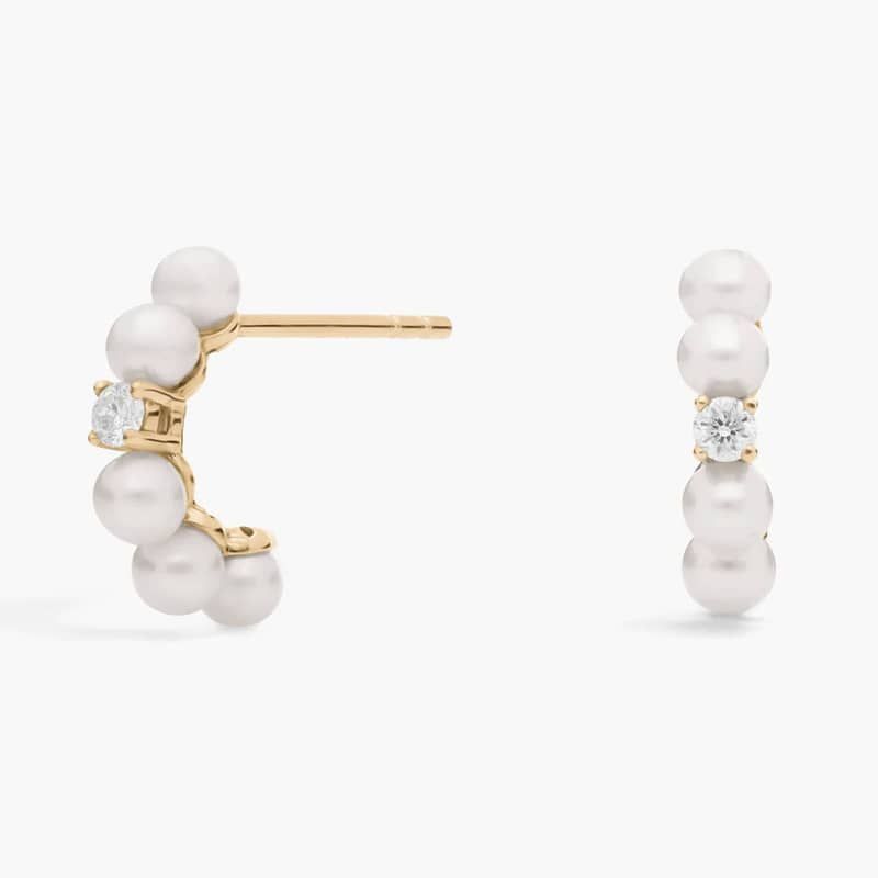 Mini Pearl Huggie Earrings with Diamond Accent in 14k Yellow Gold