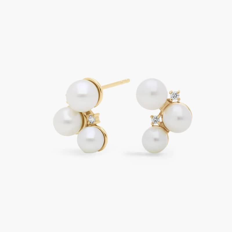 Pearl and Diamond Cluster Stud Earring in 14k Yellow Gold