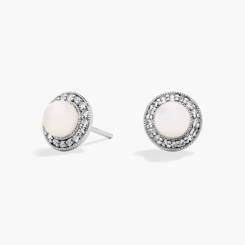 Vintage-Inspired Freshwater Cultured Pearl and White Topaz Halo Earrings in Sterling Silver (5mm)