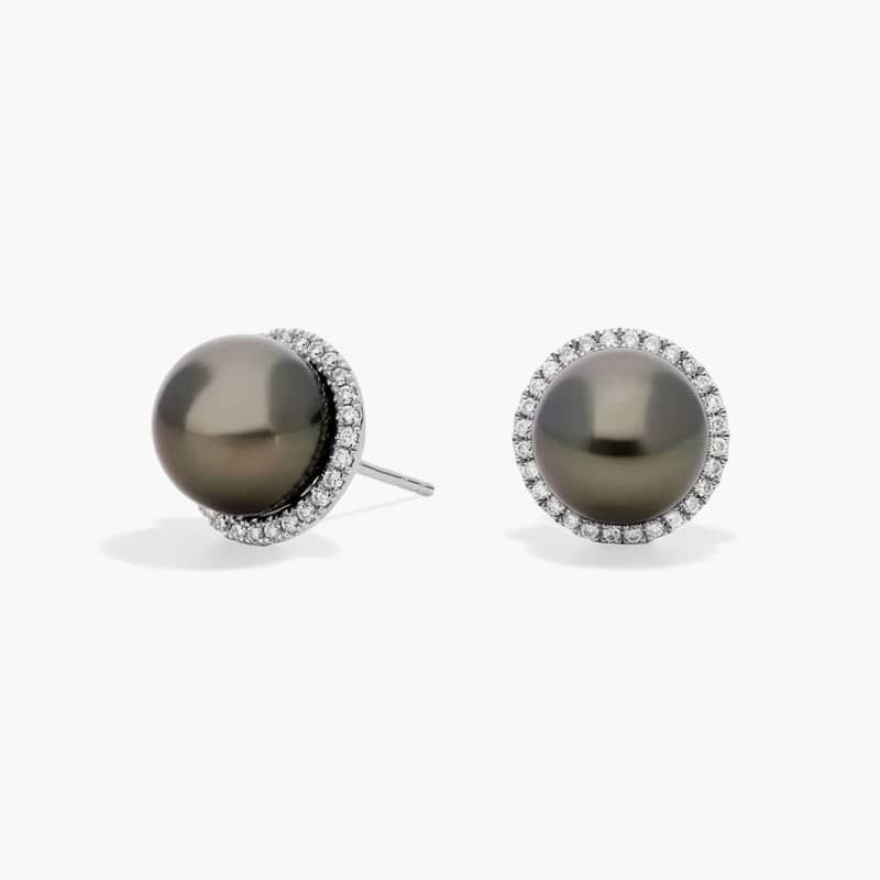 Tahitian Cultured Pearl and Diamond Halo Stud Earrings in 14k White Gold (8.0-9.0mm)