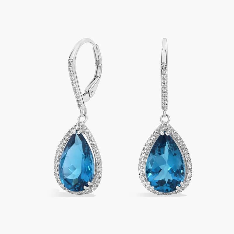 London Blue Topaz Elegant Halo Drop Earrings in Sterling Silver (14x9mm)