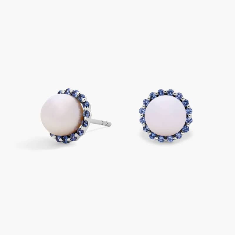 Sapphire and Freshwater Cultured Pearl Halo Stud Earrings in 14k White Gold (7mm)