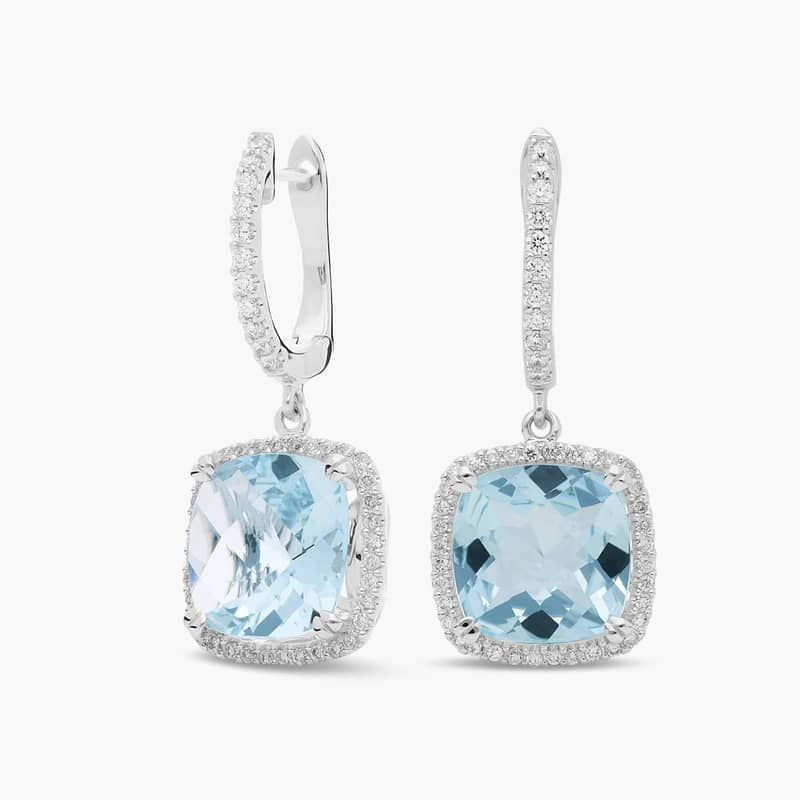 Cushion Cut Aquamarine and Diamond Halo Drop Earrings in 14k White Gold (9mm)