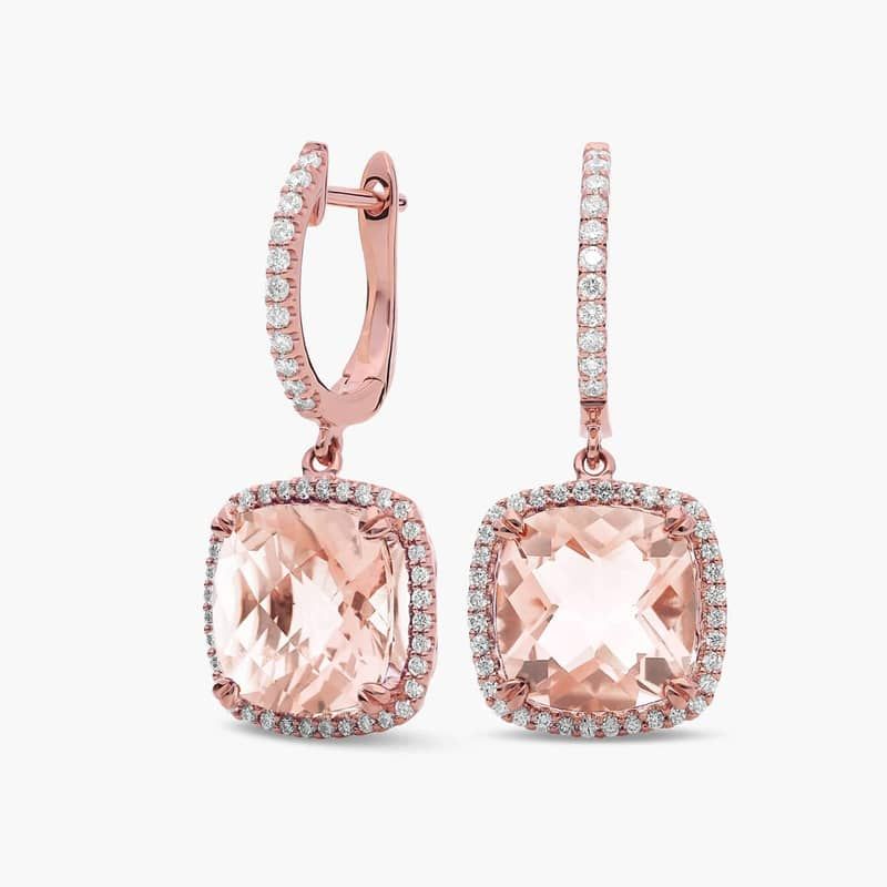 Cushion Cut Morganite and Diamond Halo Drop Earrings in 14k Rose Gold (9mm)