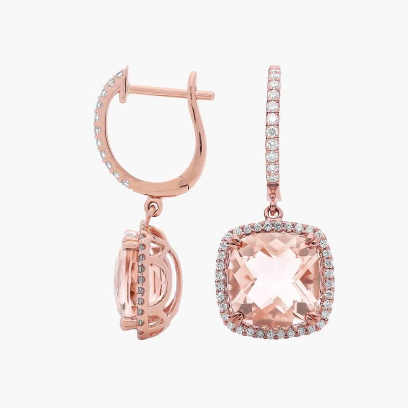 Cushion Cut Morganite and Diamond Halo Drop Earrings in 14k Rose Gold (9mm)