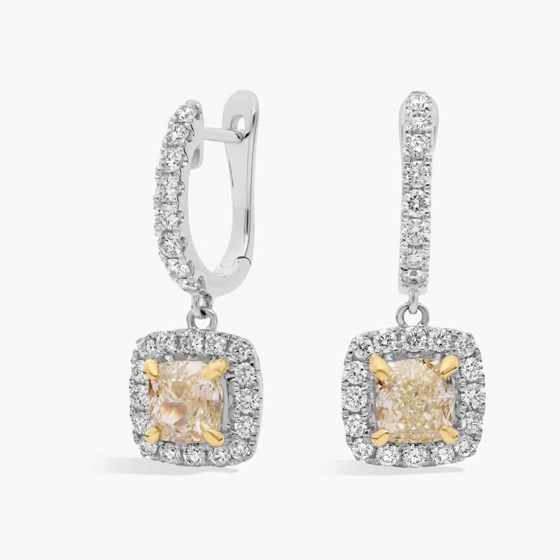 Yellow Diamond Drop Earrings with Halos in 18k White and Yellow Gold (2 3/8 ct. tw.)