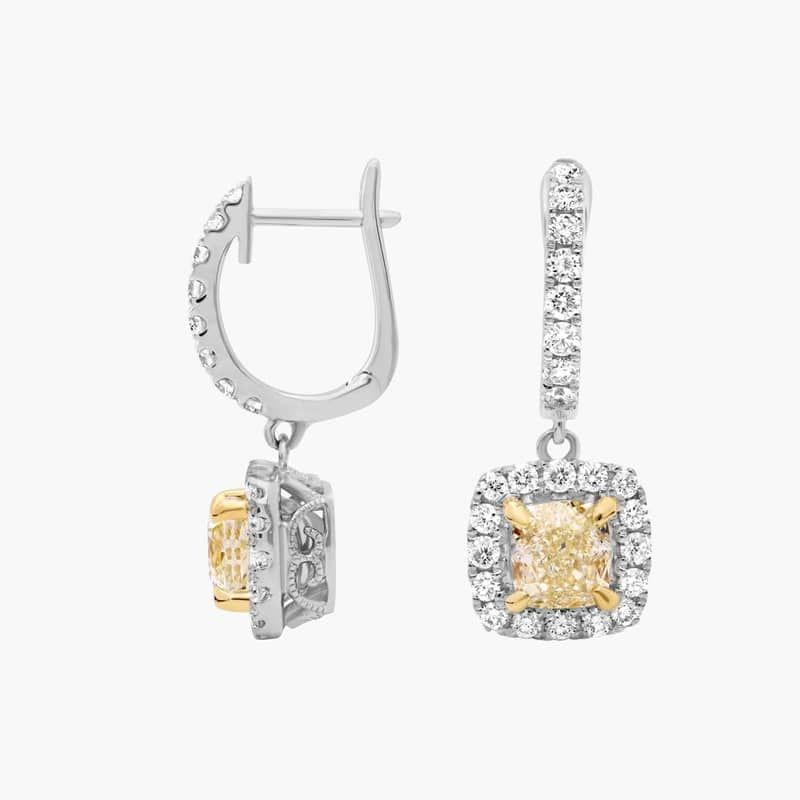 Yellow Diamond Drop Earrings with Halos in 18k White and Yellow Gold (2 3/8 ct. tw.)