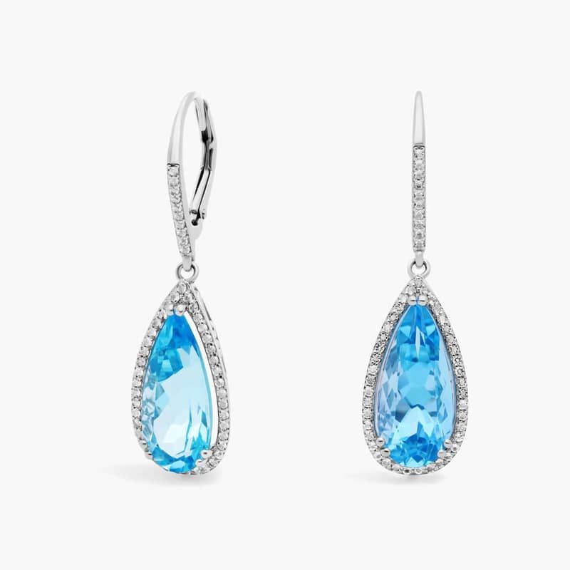 Pear-Shaped Blue Topaz Drop Earrings with White Topaz Halo in Sterling Silver (18x8mm)