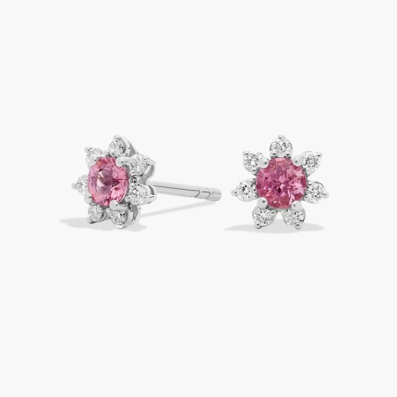 Mini Pink Tourmaline Earrings with Diamond Blossom Halo in 14k White Gold (3.5mm)