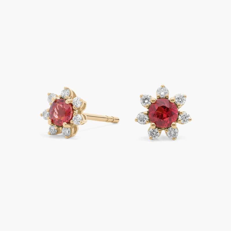 Mini Garnet Earrings with Diamond Blossom Halo in 14k Yellow Gold (3.5mm)