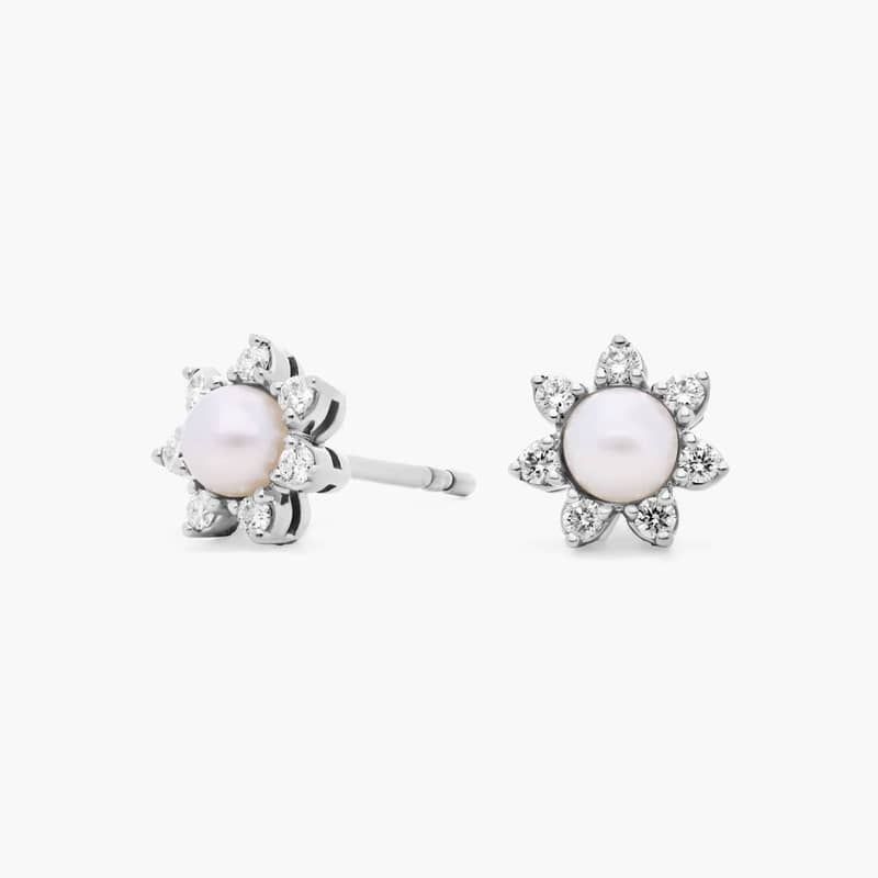 Mini Freshwater Pearl Earrings with Diamond Blossom Halo in 14k White Gold