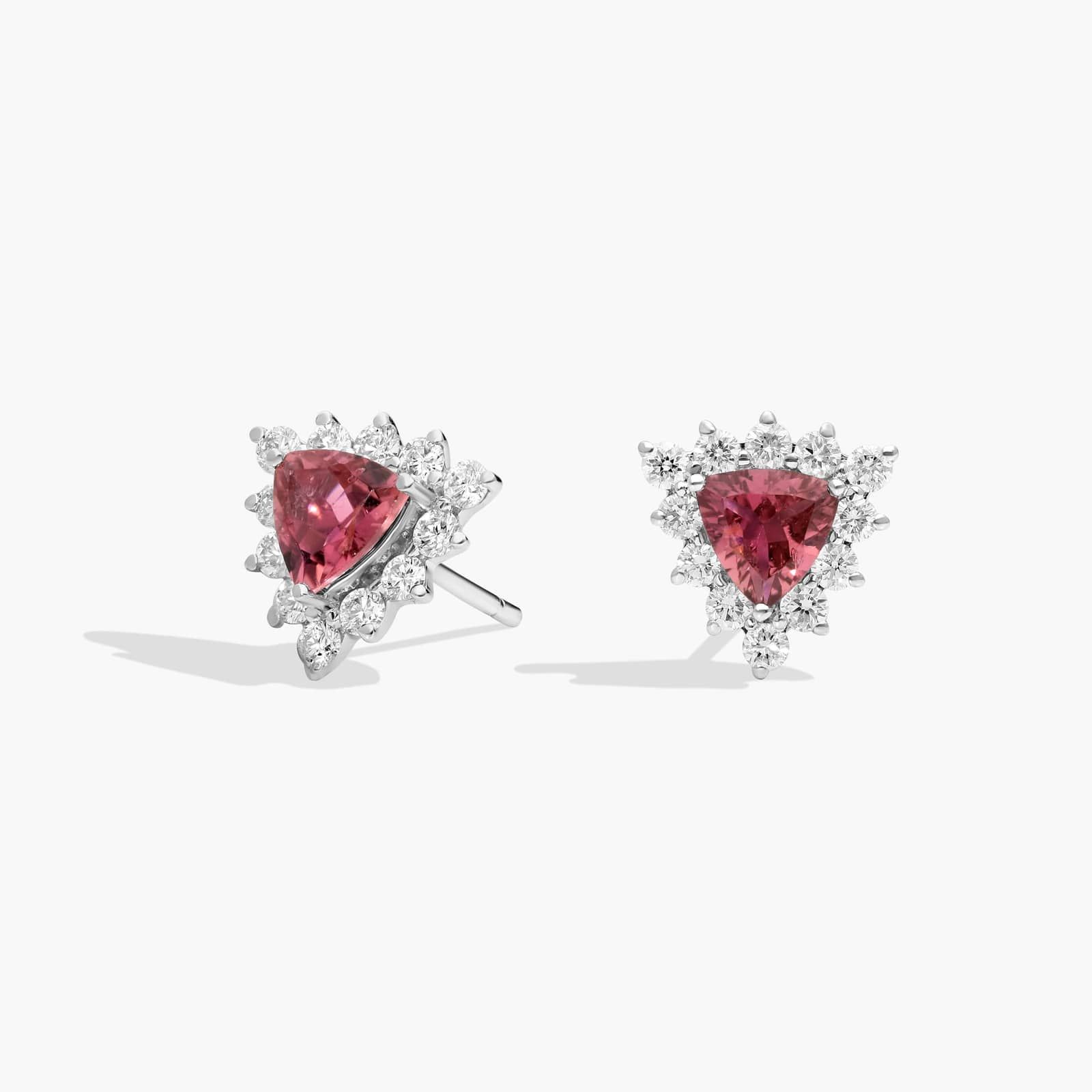 Pink Tourmaline Trillion Earrings with Diamond Halo in 14k White Gold (5mm)