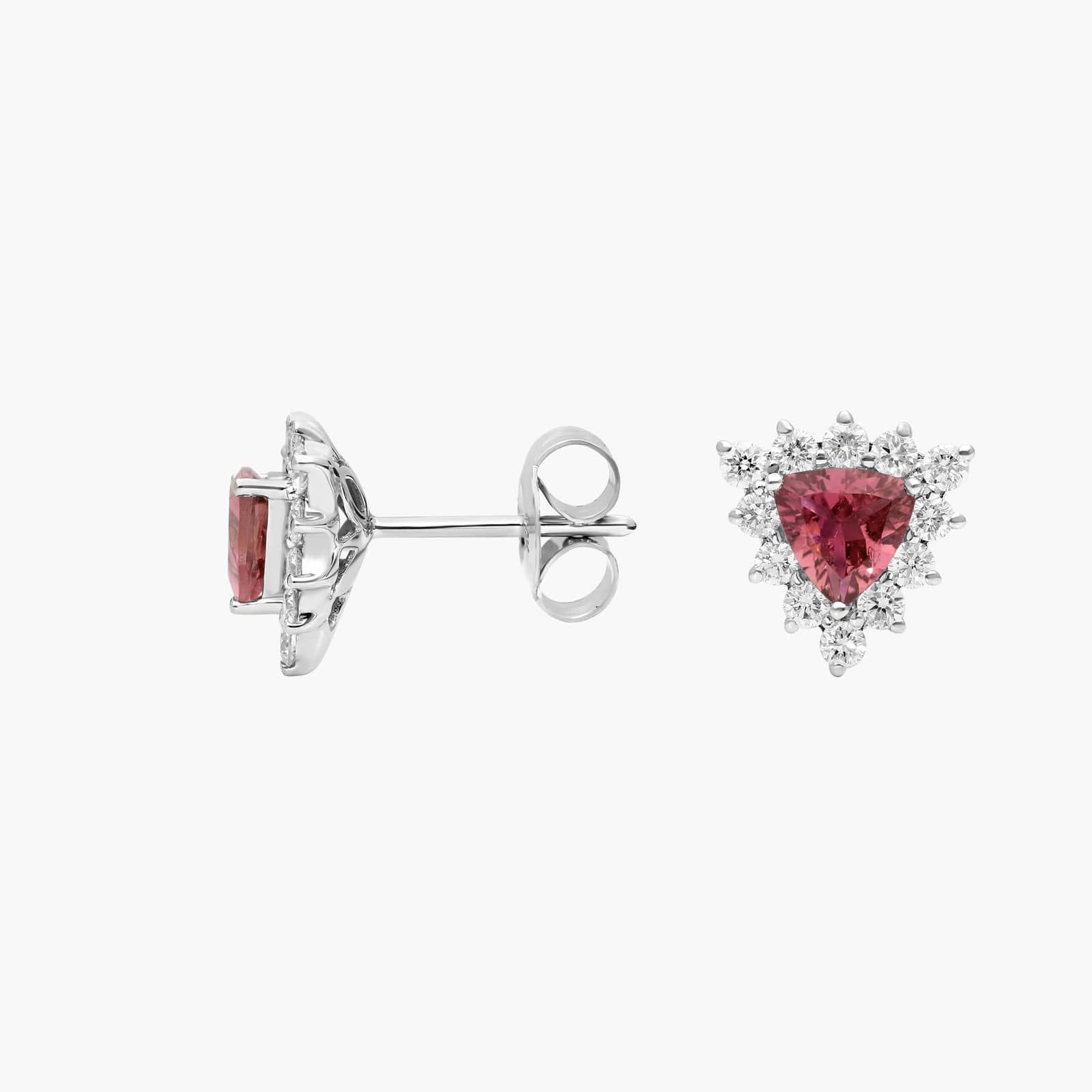 Pink Tourmaline Trillion Earrings with Diamond Halo in 14k White Gold (5mm)
